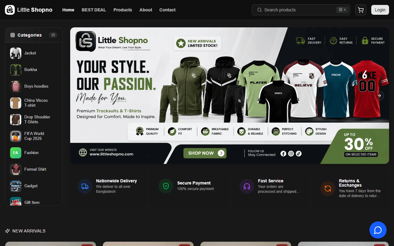 Little Shopno storefront with category sidebar and fashion campaign banner